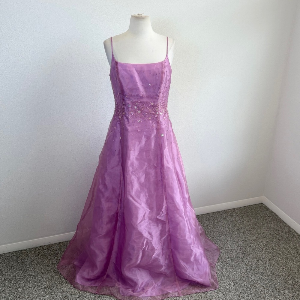 Vtg Y2K Purple Sequin Formal Gown Womens 11/12 Prom Fairy Coquette Spaghetti